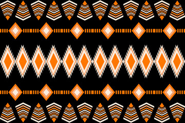 Seamless tribal geometric pattern in orange, black, and white tones. Perfect for ethnic textile, wallpaper, fashion fabric, cultural decoration, and abstract folk art design.