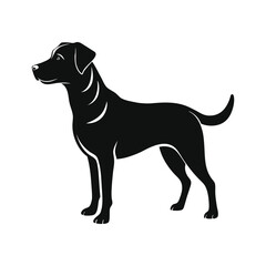 A sleek black silhouette of a labrador retriever dog standing alertly on a white background in a classic profile view