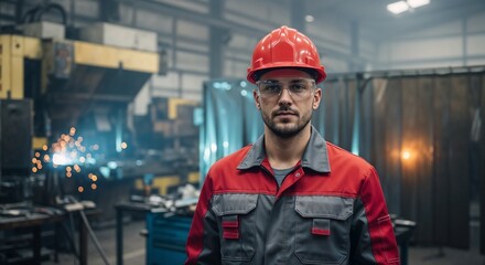 Skilled worker in safety gear standing confidently in a vibrant industrial workshop environment