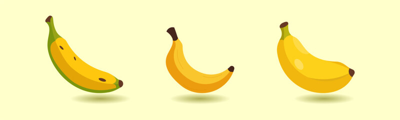 Three cartoon bananas in varying stages of ripeness, from slightly green to fully yellow, are displayed against a pale background, showing freshness and nutritional value.