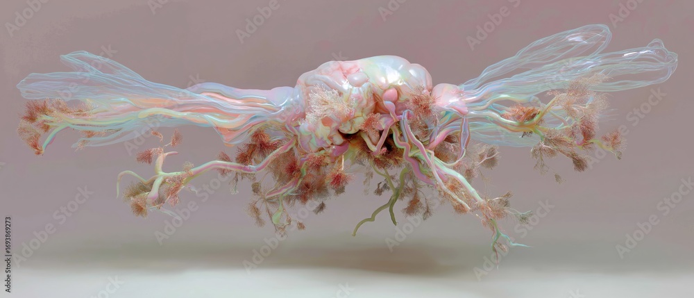 Poster digital art piece that appears to be a 3d rendering of a jellyfish. the jellyfish is in the center o
