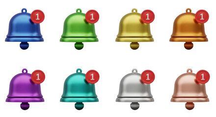 Collection of colorful notification bells isolated on transparent background.