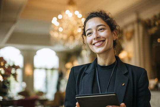 Smiling young professional woman in black blazer holding digital tablet in elegant hotel interior with chandelier