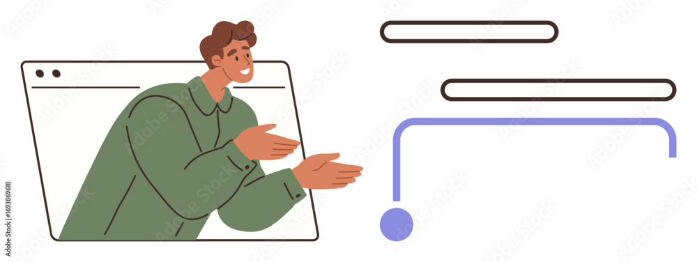 Poster smiling man extends hands from a browser window, gesturing towards a simplified flowchart design. id