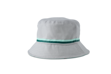 Light gray bucket hat with green and teal stripes on white background headwear fashion