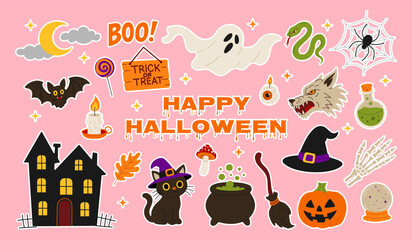 A collection of Halloween stickers and symbols, including a witch's hat, a pumpkin, a spider web, and a ghost