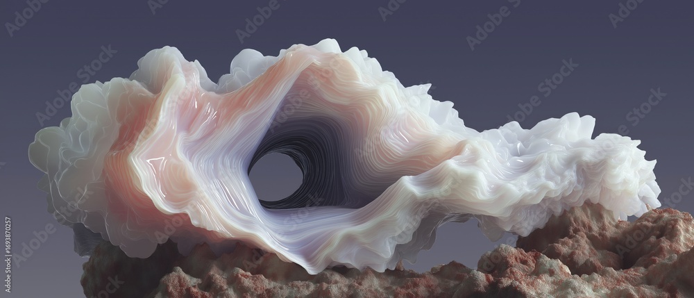 Poster digital art piece that appears to be a 3d rendering of a large, abstract structure. the structure is