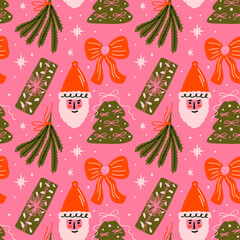 Christmas vector seamless pattern with colorful groovy funky cartoon illustration of bauble, ornaments, santa, bow, gift box, xmas winter tree holiday decor elements for design