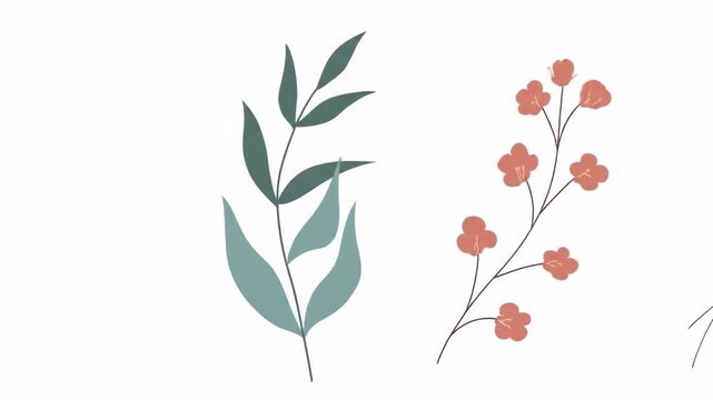 A minimalist illustration features a central sprig of stylized green leaves and two flower stems, each with soft pink blossoms