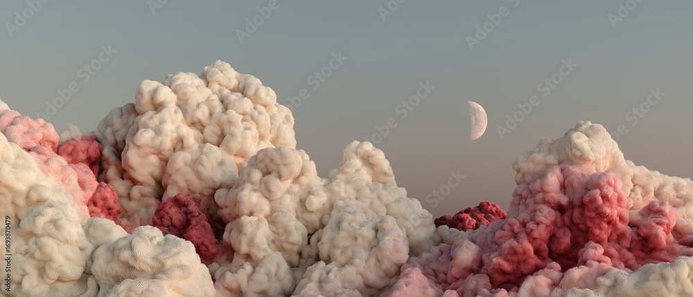 Poster group of large, fluffy clouds in various shades of pink and white. the clouds are arranged in a way 