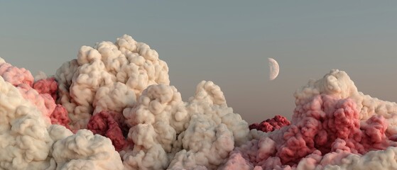 Group of large, fluffy clouds in various shades of pink and white. the clouds are arranged in a way that they are overlapping each other, creating a sense of depth and dimension.