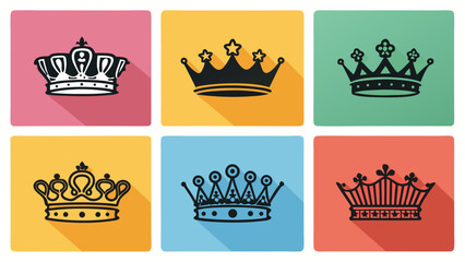 Collection of Various Stylized Crown Illustrations on Color Blocks.