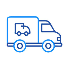 A blue line art delivery truck icon on a black background with vehicle graphic.