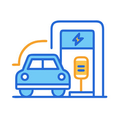 Electric vehicle at charging station with energy cable, isolated flat icon illustration