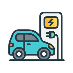 Illustration of a blue electric car charging at a charging station, promoting eco-friendly transport