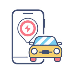 Electric car charging point locator app on smartphone with vehicle illustration