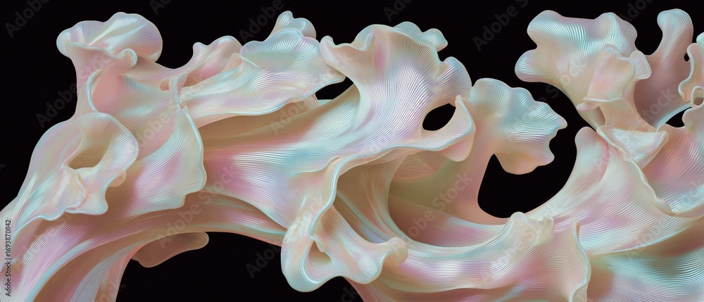 Poster abstract digital art piece that appears to be made up of multiple layers of wavy lines in different 