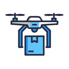 Blue delivery drone carrying a package for fast shipping on a black background