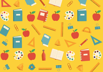 Vibrant assortment of school supplies and educational tools on a cheerful yellow backdrop