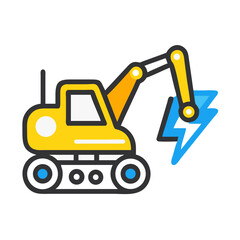 Stylized excavator illustration holding a lightning bolt graphic on a solid black background