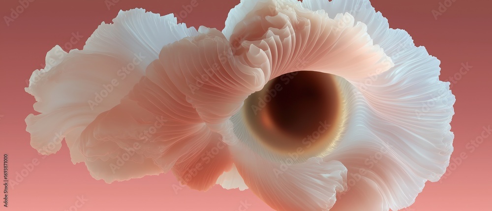 Poster close-up of a flower-like structure with a pink and white color scheme. the center of the flower is 