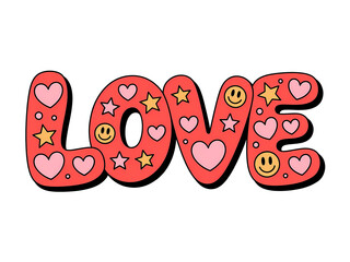 Whimsical retro typography illustration of the word "love" decorated with smiley faces, hearts, and stars in a fun and colorful design