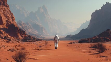 Astronaut exploring desolate terrain a lone figure traversing a barren landscape dramatic lighting enhances the otherworldly environment creating a sense of vastness and isolation - Powered by Adobe