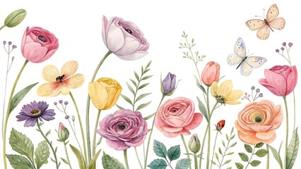Watercolor floral garden isolated on white background featuring colorful flowers and butterflies for spring and summer themed designs and invitations