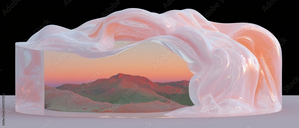 Poster digital art piece that appears to be a 3d rendering of a landscape. the background is a gradient of 