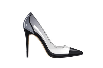 Elegant glossy black stiletto high heel shoe with transparent PVC midsection, luxury footwear fashion design, hyperrealistic 3D render isolated on black background, glamorous profile shot