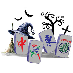 Spooky Halloween illustration of four Mahjong tiles, the leftmost wearing a black witch hat. Black tree, broom, and distant haunted cabin create eerie atmosphere. Dark crosses add mysterious theme, pe