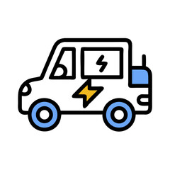 Simple flat design of an electric motorcycle in blue and yellow on black backdrop