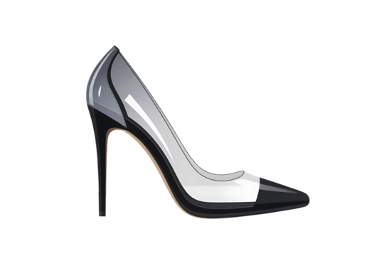 Elegant glossy black stiletto high heel shoe with transparent PVC midsection, luxury footwear fashion design, hyperrealistic 3D render isolated on black background, glamorous profile shot