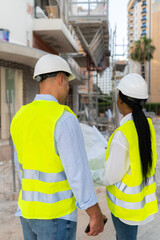 Rear view of Two diverse engineers with blueprint on a construction site discussing building project
