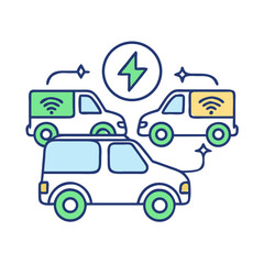 Electric vehicle fleet concept image featuring connected and charging vans in a modern design