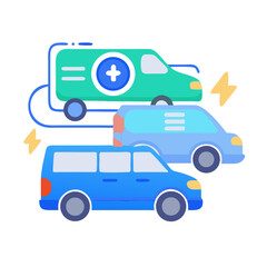 Stack of electric cars for sustainable transportation, with a flat design on black background