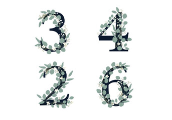 Beautiful floral numbers decorated with green leaves and tiny white flowers elegant design elements for invitations and decorations