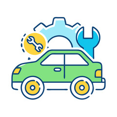 Illustrated car undergoing maintenance with gear, wrench symbols against a black background