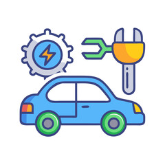Naklejka premium Car repair illustration showing a blue automobile with a wrench and a gear with lightning bolt