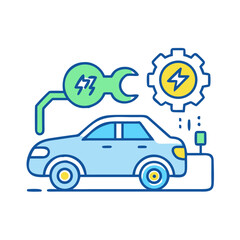 Electric car technology concept: Icon illustration of vehicle charging with wrench and gear symbol