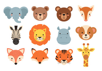 Fototapeta premium Cute cartoon animal faces collection for childrens designs and educational materials