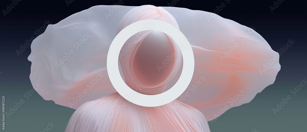 Poster 3d rendering of a pink and white abstract object with a white circle in the center.