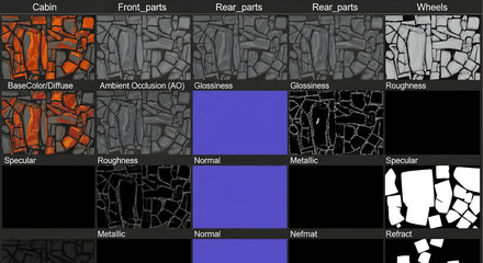 Detailed 3D model texture maps for game asset creation, showcasing different material properties.
