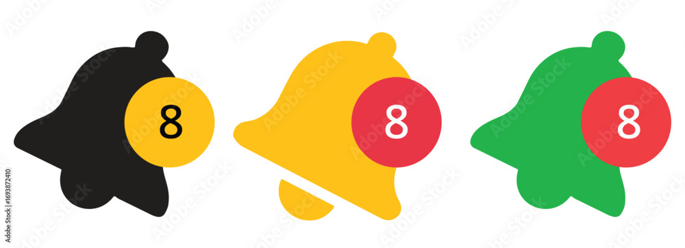 Poster notification bell icon set with a new message counter for app and web ui design. stock illustration.