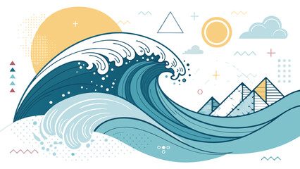 Stylized Ocean Wave Illustration with Geometric Elements.