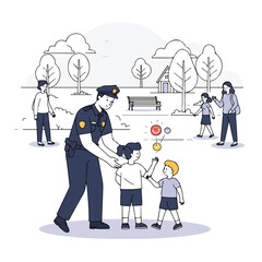 A vibrant flat 2D vector illustration depicts a compassionate police officer assisting a lost young child in a safe community park, with a relieved parent quickly approaching.
