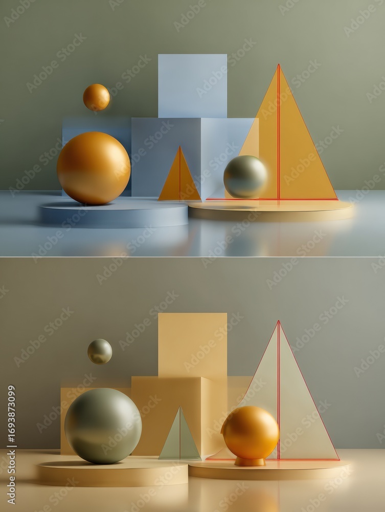 Poster modern geometric shapes arranged in a minimalistic design with varying colors and textures on a smoo