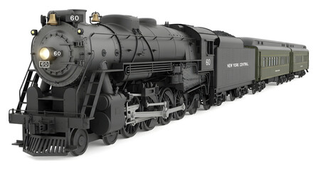 Obraz premium Classic steam locomotive pulling passenger cars on white background