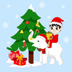 ฺCute Elf Boy on an Elephant Decorates a Christmas Tree in a Whimsical Winter Scene. A Happy Elf Boy Riding an Elephant Adds Ornaments to a Festive Christmas Tree. Animal with Santa Hat, Santa Costume