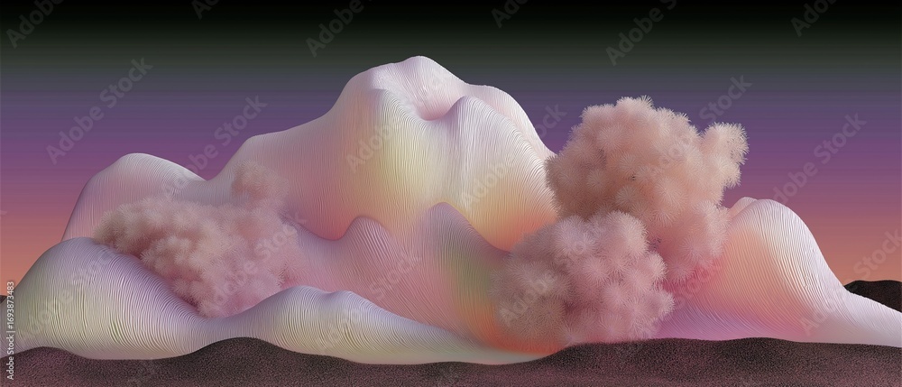 Poster abstract digital art piece that appears to be a landscape with a mountain range in the background.